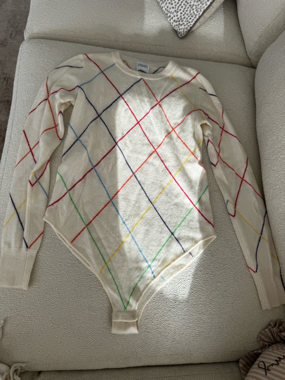 MADELEINE THOMPSON 100% CASHMERE Cream Argyle Stripe Sweater Bodysuit